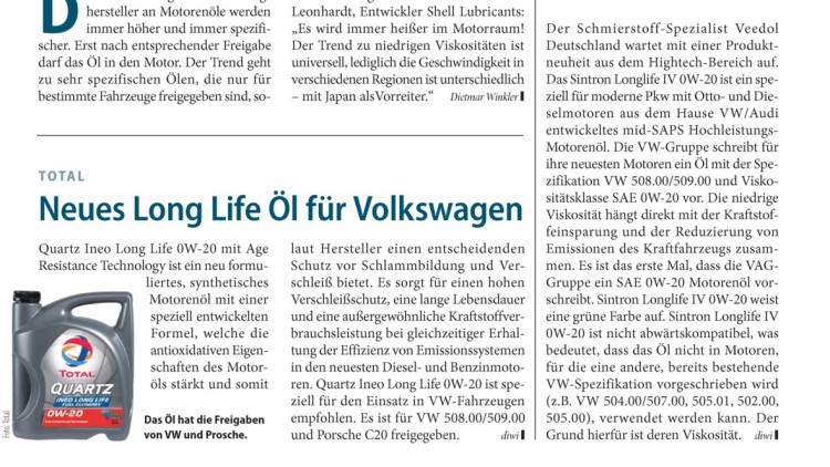 Total: Neues Long Life Öl für Volkswagen