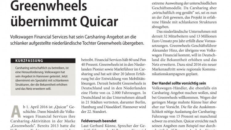 Volkswagen Carsharing: Greenwheels übernimmt Quicar